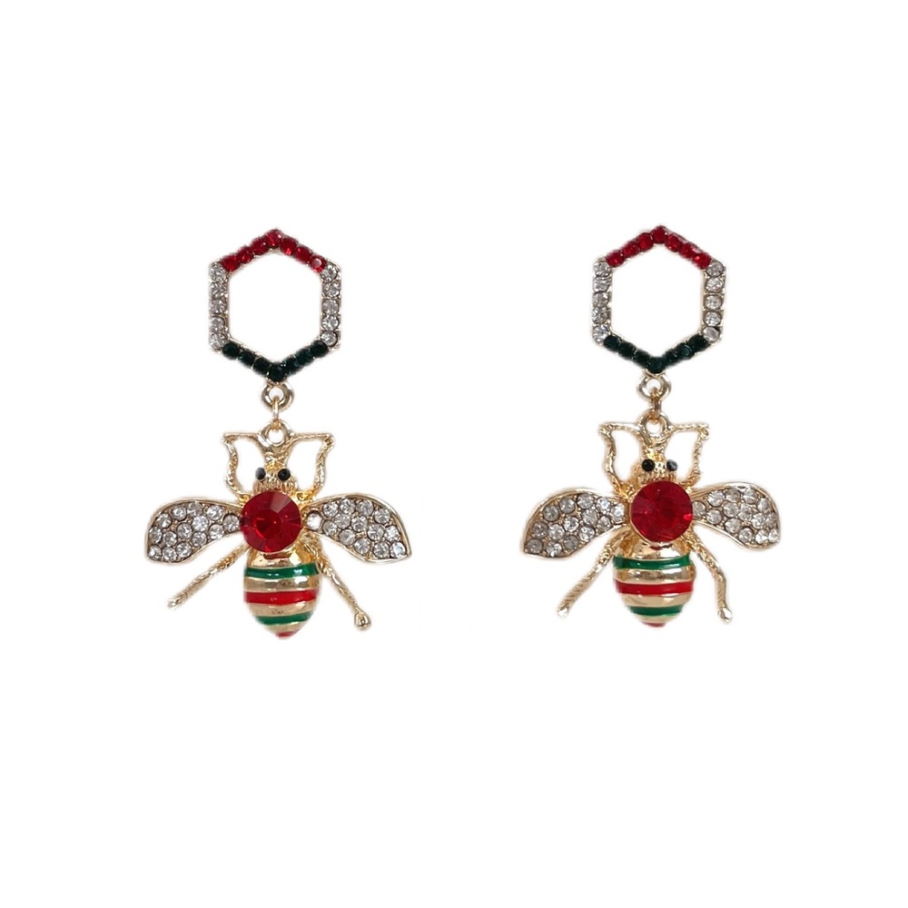Lux Gold Bumble Bee Dangle Statement Earrings Red and Green